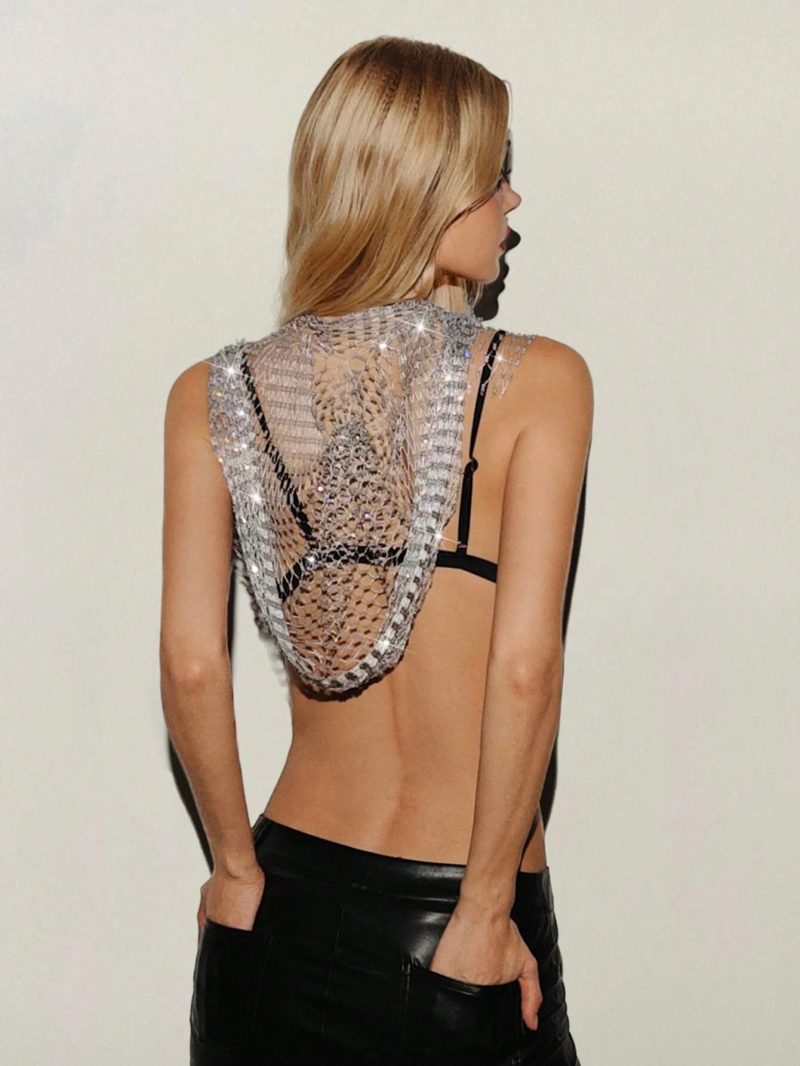 Women’s Sexy Hooded Fishnet Rhinestone Camisole - Image 3