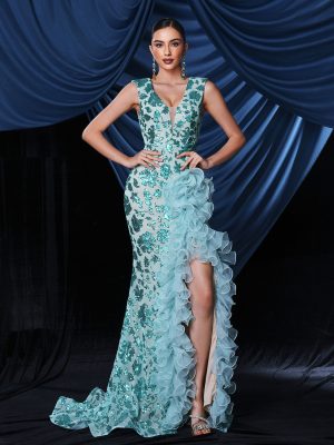Sparkling Sequined V-Neck Evening Gown Women