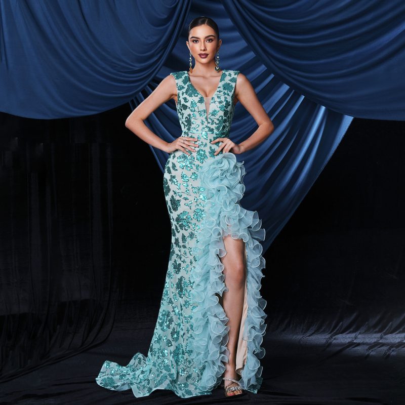 Sparkling Sequined V-Neck Evening Gown Women