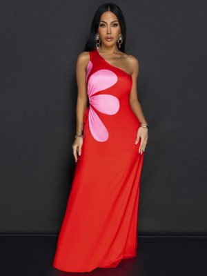 Shoulder Cutout Printed Slim Sexy Dress