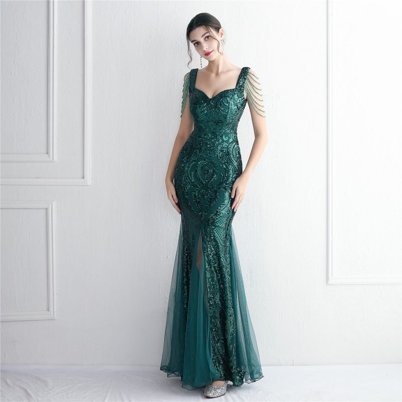 Elegant Beaded Sequin Mesh Slim Fit Evening Dress - Image 2