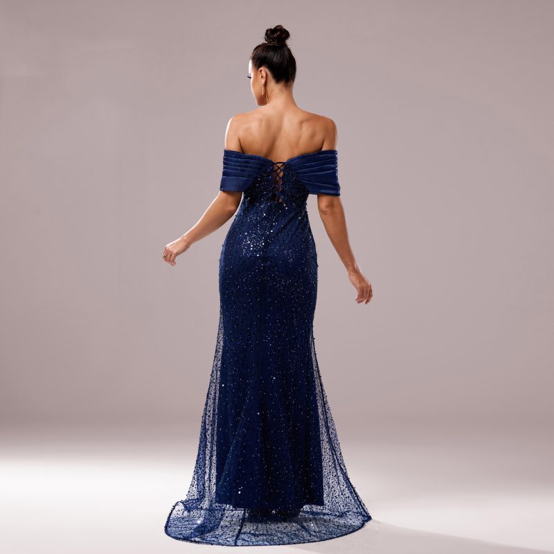 Off-Neck Slim Fit Sequined Fishtail Dress - Image 3