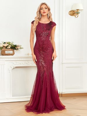 Wine Red Sequin Slim Fishtail Maxi Dress