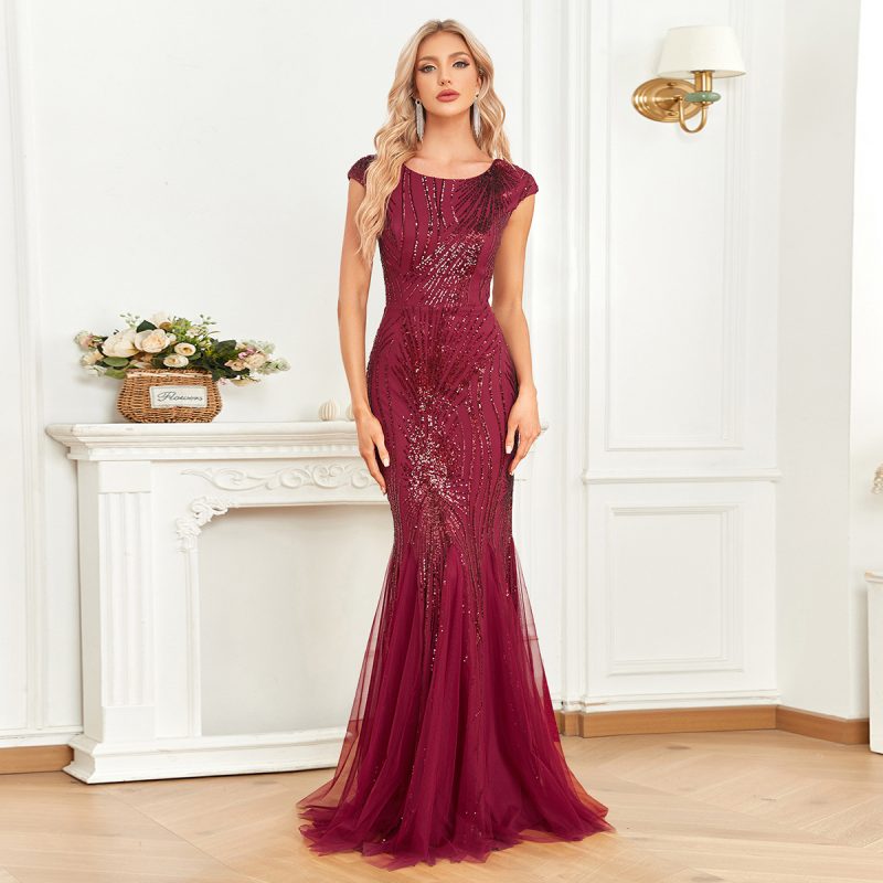 Wine Red Sequin Slim Fishtail Maxi Dress