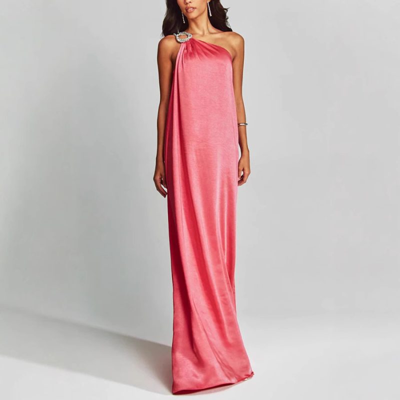 Spring Summer Satin Slant Shoulder Maxi Dress - Image 2