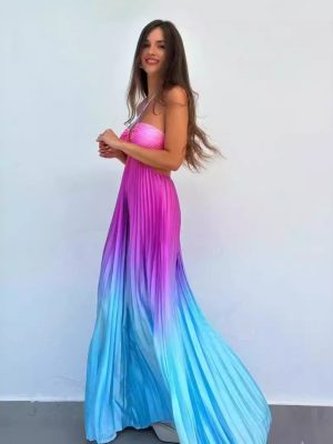 Women’s Summer Gradient Halter Pleated Long Dress