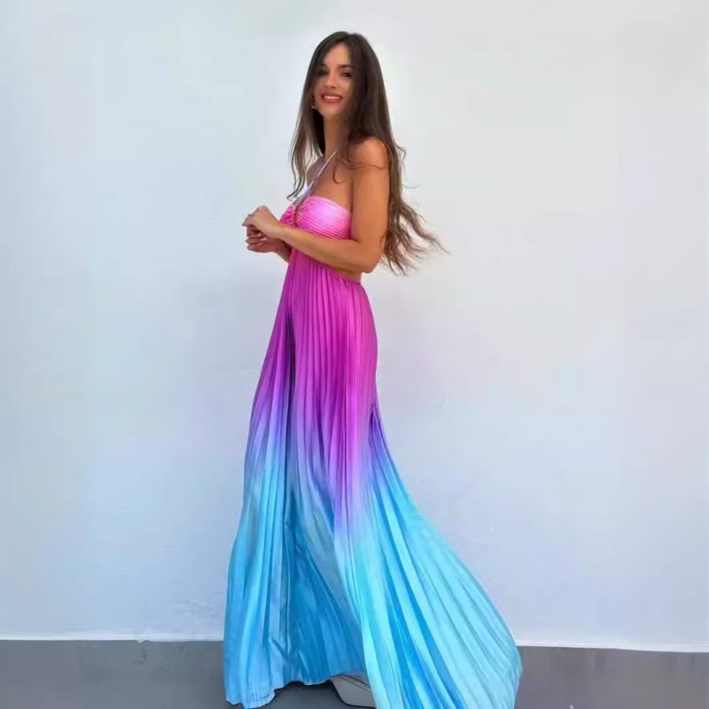 Women’s Summer Gradient Halter Pleated Long Dress