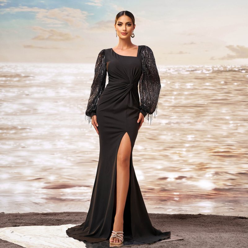 Long Sleeve Diagonal Collar Fishtail Dress