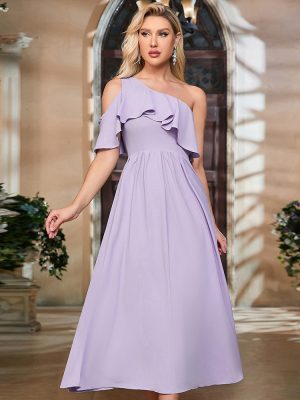 Sexy Asymmetric Oblique Shoulder Pleated Side Slit Dress