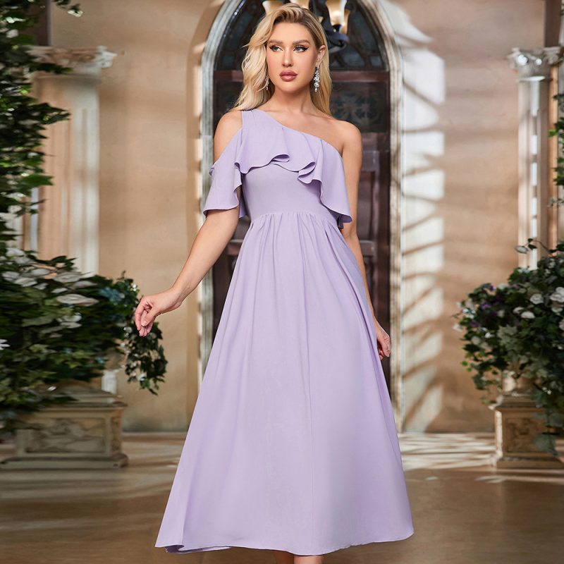 Sexy Asymmetric Oblique Shoulder Pleated Side Slit Dress