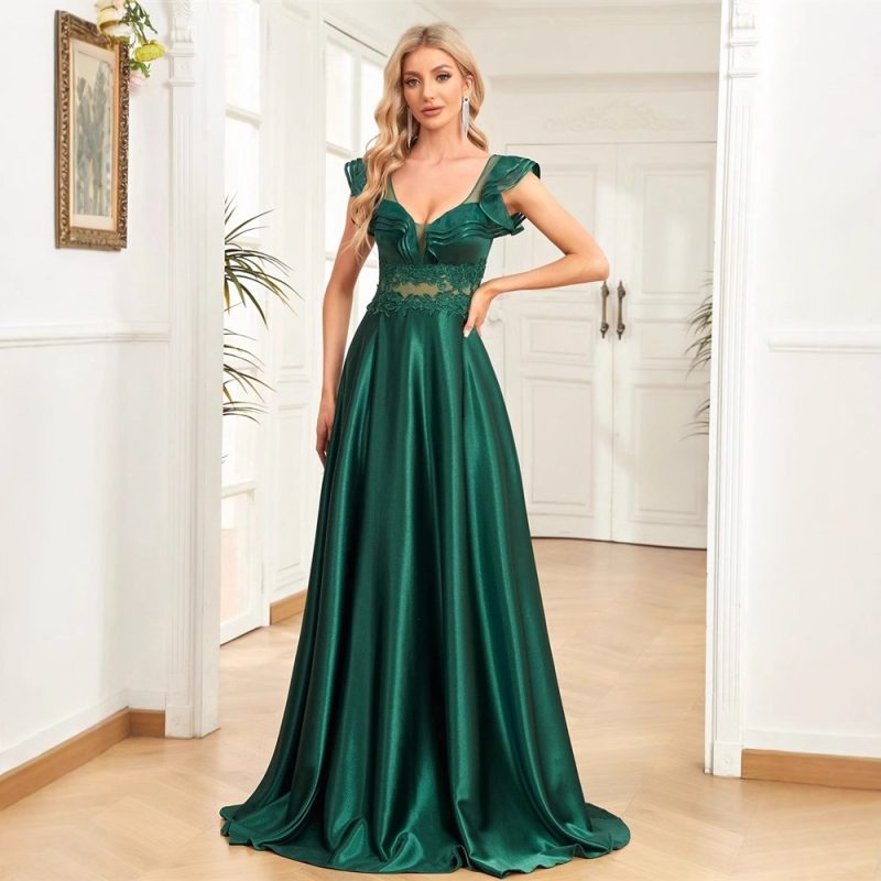 Satin Sleeveless V-Neck Flounce Cocktail Dress