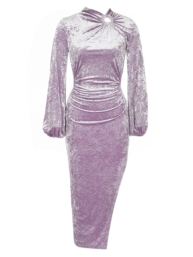 Simple Round Neck Velvet Long Sleeve Dinner Dress - Image 3