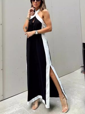Backless Cotton Linen Halter Split Summer Dress