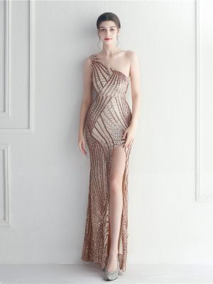 Floral Sequin One-Shoulder Diagonal Collar Evening Dress