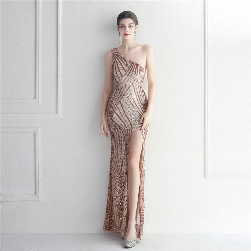 Floral Sequin One-Shoulder Diagonal Collar Evening Dress