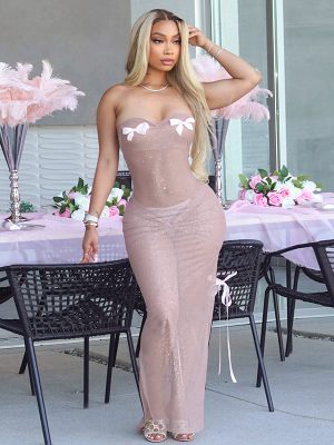 Mesh Bow Tube Top Ruffle Hip Maxi Dress