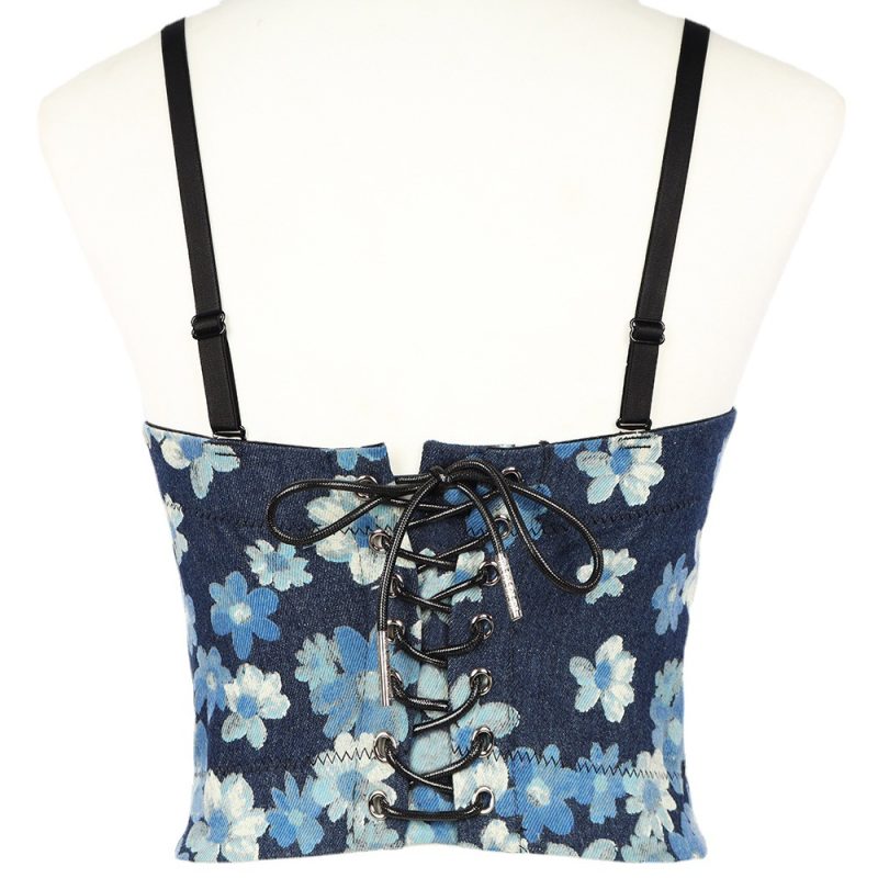 Backless Lace-Up Denim Print Tube Top - Image 3