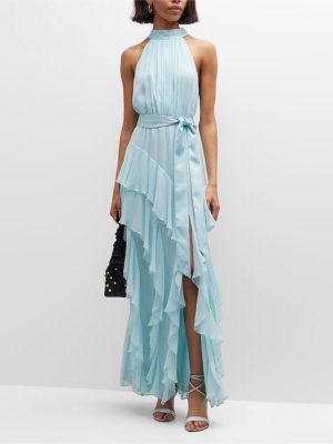 Halter Strap Sleeveless Ruffled Belted Tight Dress