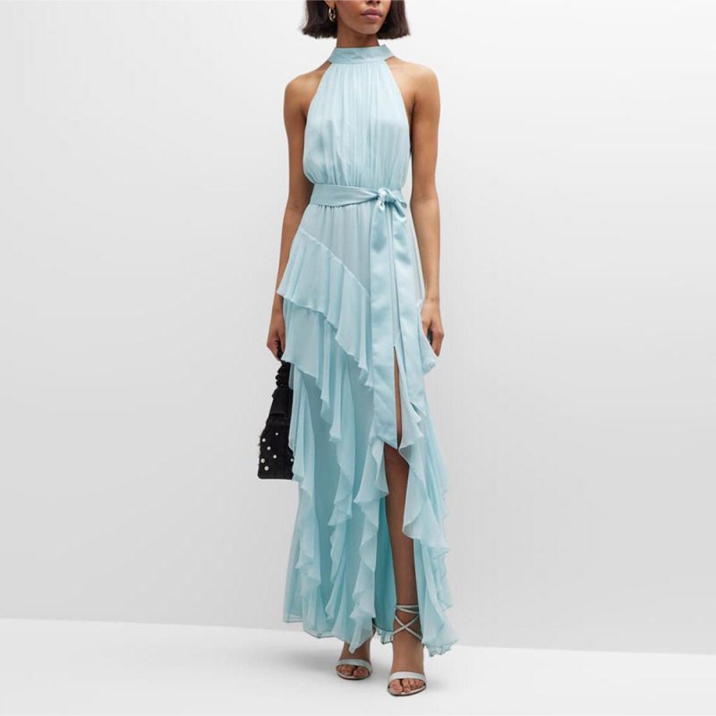 Halter Strap Sleeveless Ruffled Belted Tight Dress