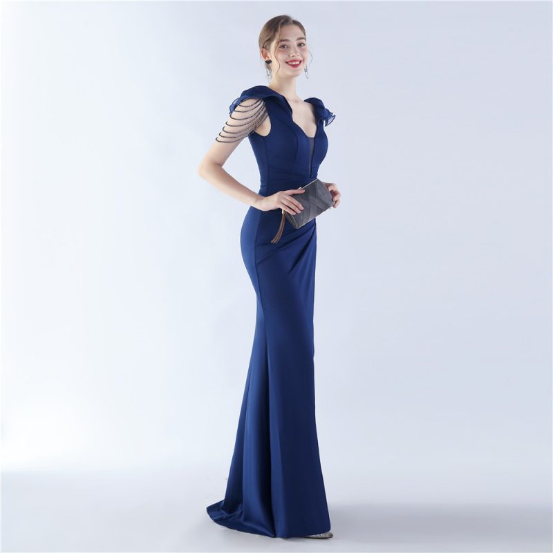 High-End Beaded Organza Satin Winter Evening Dress - Image 4