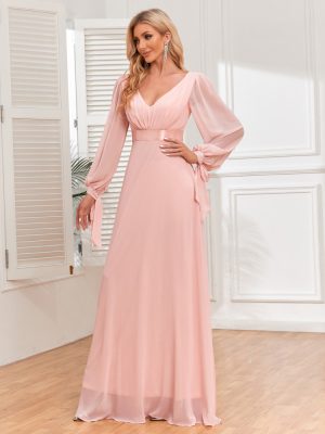 Pink Chiffon Lace-Up V-Neck Evening Dress