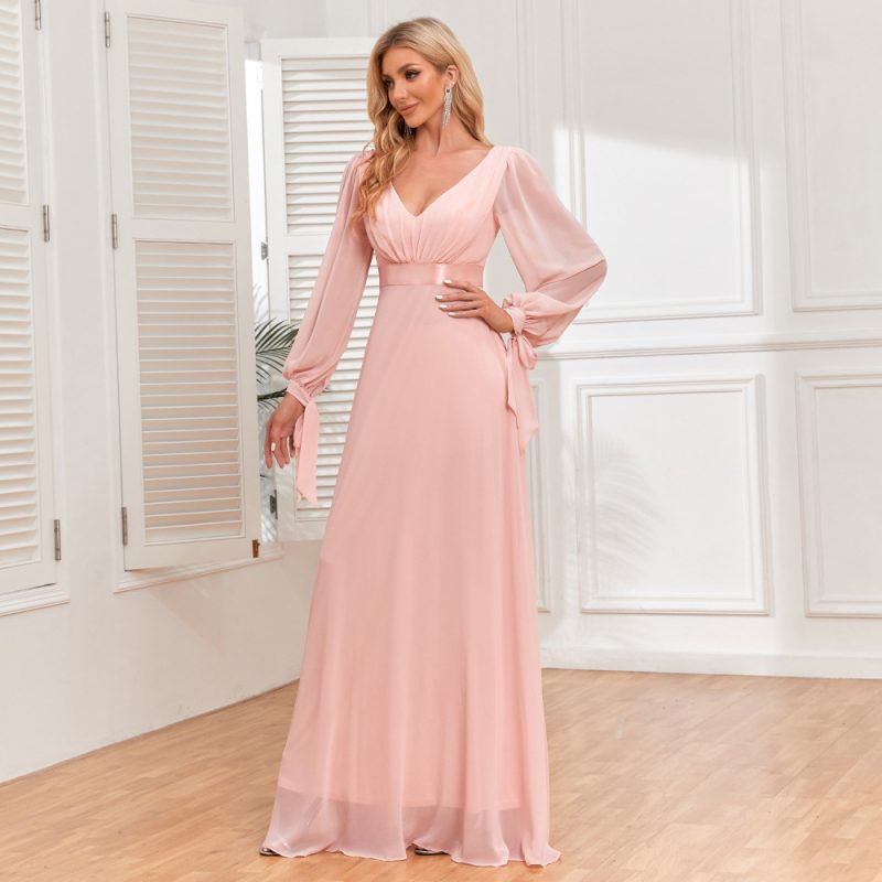 Pink Chiffon Lace-Up V-Neck Evening Dress