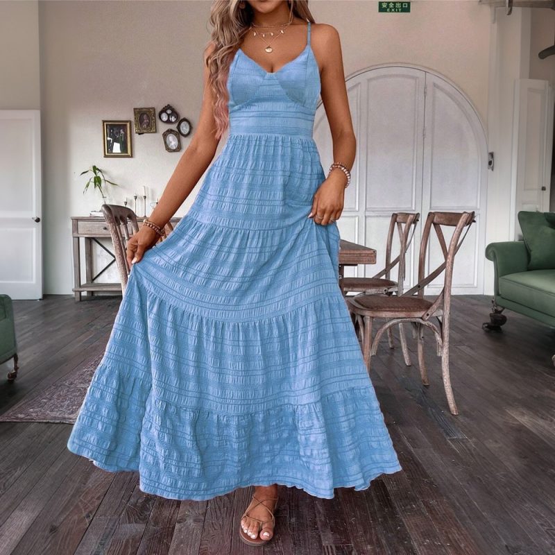 Elegant Solid Color Sling Large Swing Dress - Image 3