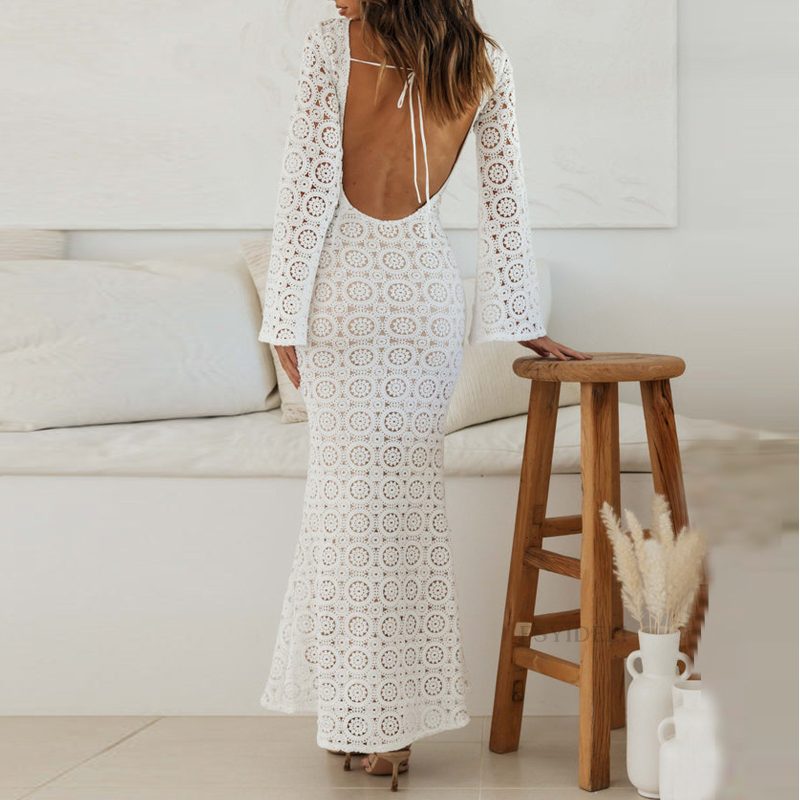 Sexy Hollow Out Crochet Knitted Backless Vacation Dress - Image 4