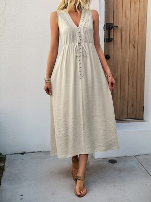 Lace Pleated Sleeveless V-Neck High Waist Dress