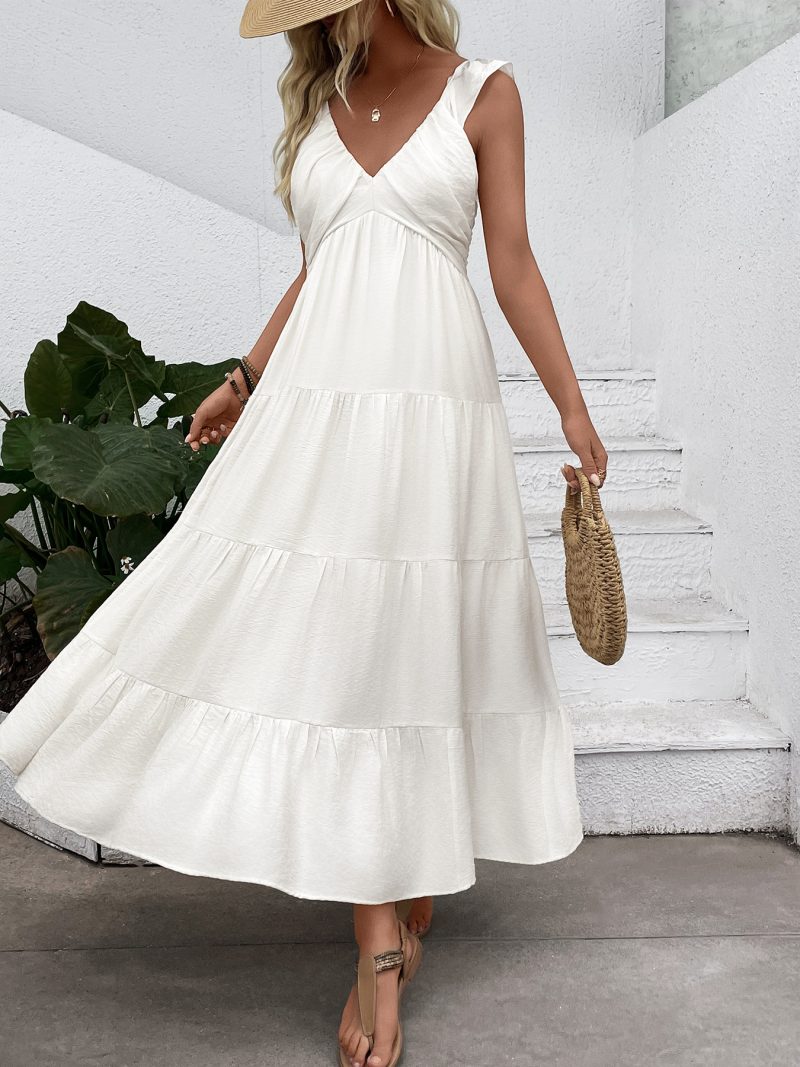 Simple Sleeveless V-Neck White Vacation Dress - Image 3