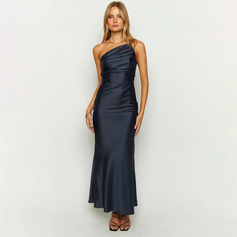 Sexy One-Shoulder Pleated Backless Maxi Dress - Image 4