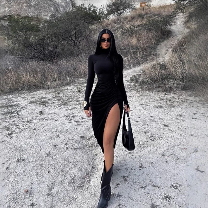 Stand Collar Long Sleeve Pleated Slit Dress - Image 2