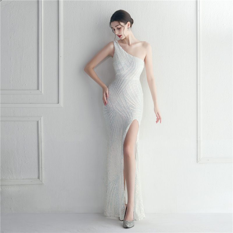Floral Sequin One-Shoulder Diagonal Collar Evening Dress - Image 4