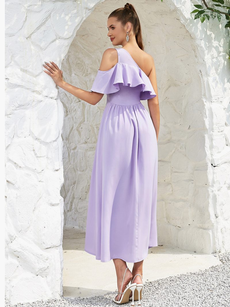 Sexy Asymmetric Oblique Shoulder Pleated Side Slit Dress - Image 2
