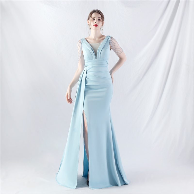 Beaded Satin Folded Evening Dress - Image 3