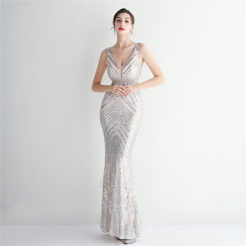 Elegant Floral Slim Fit Sequined Evening Dress - Image 4