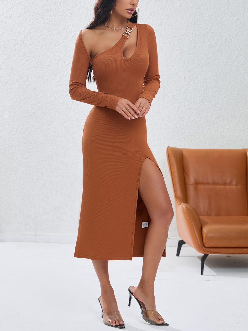 Sexy Asymmetric Hollow Out Oblique Shoulder Dress - Image 2