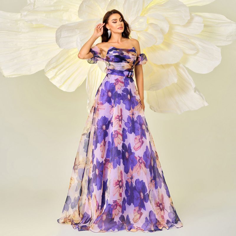 Slim Fit Off-Neck Printed Cocktail Swing Dress - Image 4