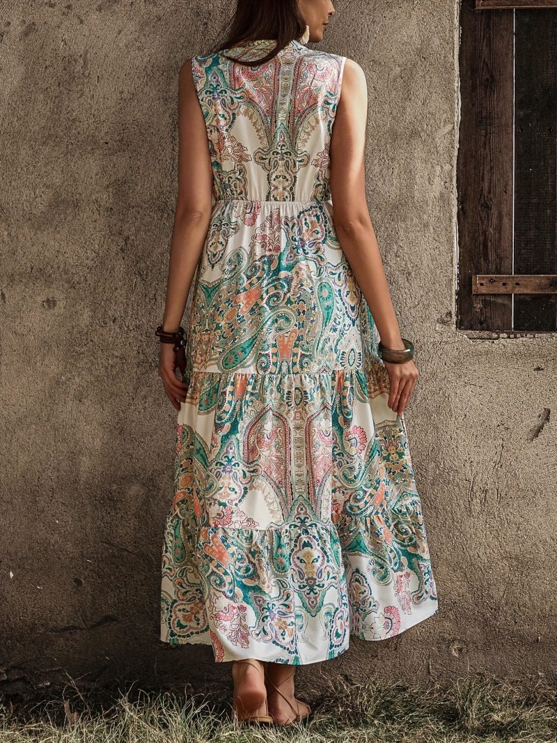 Floral Ruffle Sleeveless Stand Collar Summer Dress - Image 4
