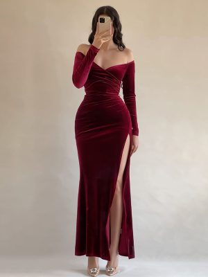 Elegant Off-Shoulder Velvet Dress with High Slit