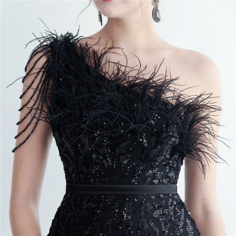 Beaded Ostrich Feather One-Shoulder Evening Dress - Image 2