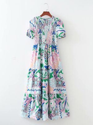 Printed Chest Wrapped Short Sleeve Swing Dress