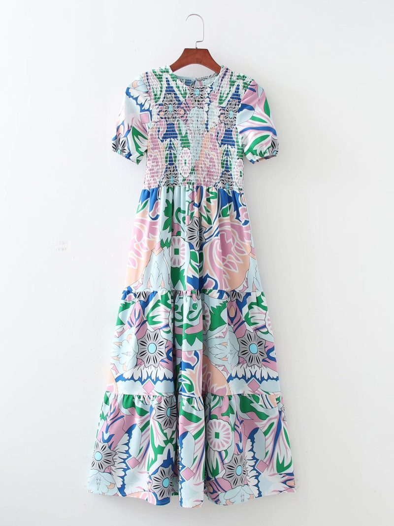 Printed Chest Wrapped Short Sleeve Swing Dress