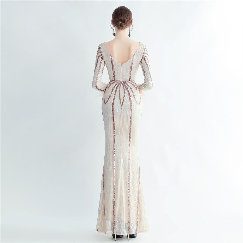 High-End Floral Sequin Ostrich Feather Long Sleeve Dress - Image 3