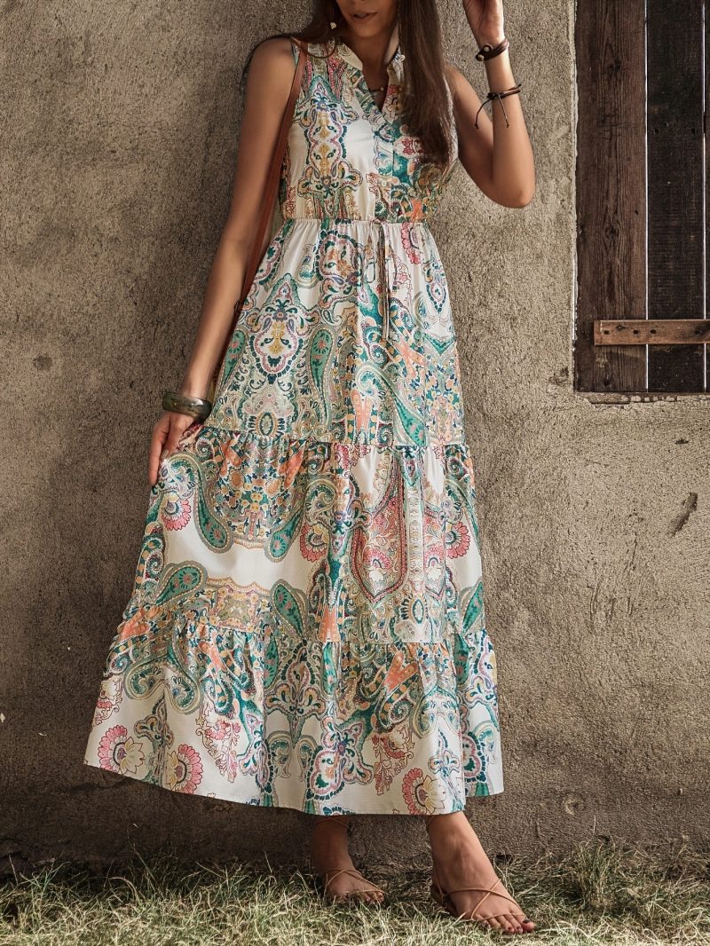 Floral Ruffle Sleeveless Stand Collar Summer Dress - Image 2