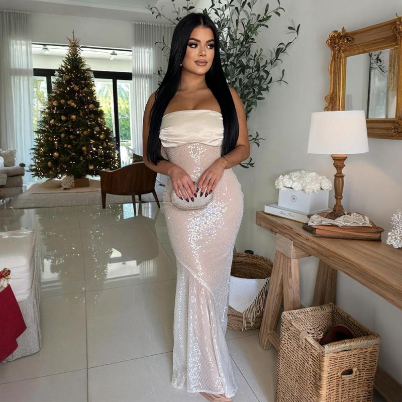 Sexy Satin Sequined Fishtail Tube Dress