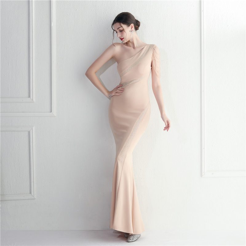 Handmade Beaded One-Shoulder Rhinestone Evening Dress - Image 2