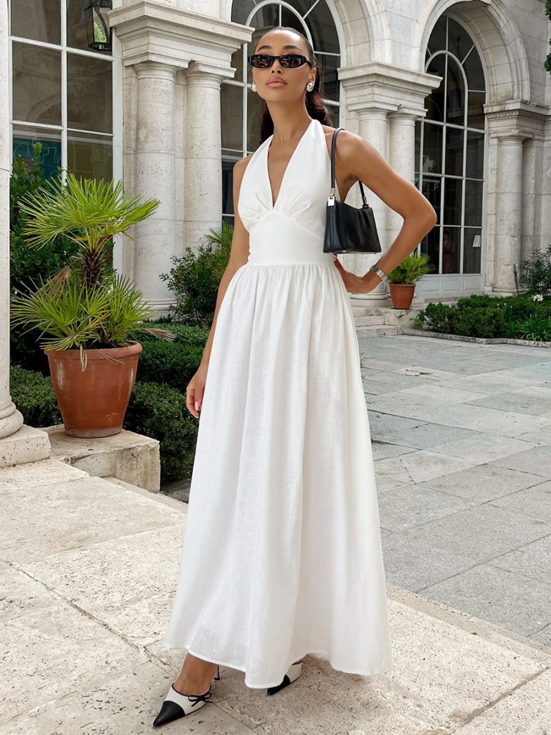Cotton Maxi V-Neck Lace-Up Swing Dress - Image 2