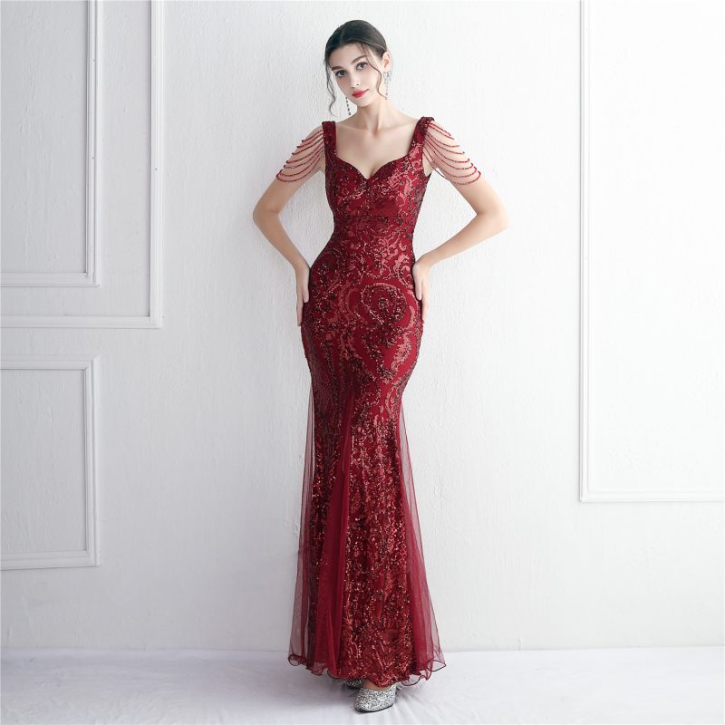 Elegant Beaded Sequin Mesh Slim Fit Evening Dress - Image 3