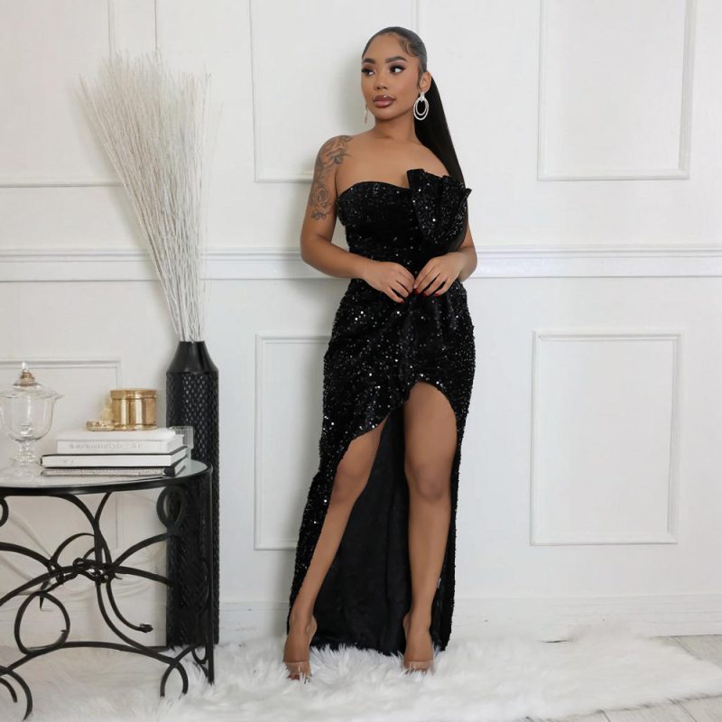 Sexy Sequined Tube Top Asymmetric Trailing Evening Dress